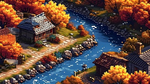 Pixel art style illustration of a cozy village in the ambience of autumn season, AI generated