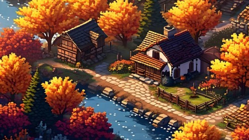 Pixel art style illustration of a cozy village in the ambience of autumn season, AI generated