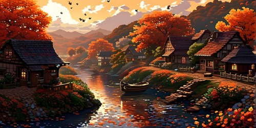 Pixel art style illustration of a cozy village in the ambience of autumn season, AI generated