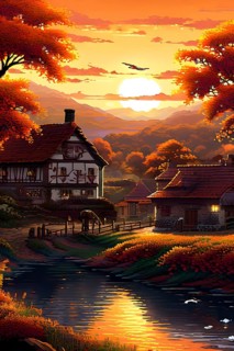 Pixel art style illustration of a cozy village in the ambience of autumn season, AI generated