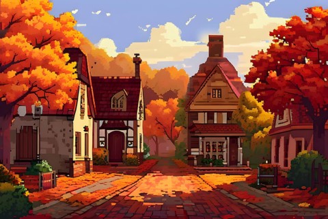 Pixel art style illustration of a cozy village in the ambience of autumn season, AI generated