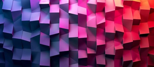 Abstract multicolor cubic 3D shapes with a gradient of blue, pink, and red creating a vibrant and