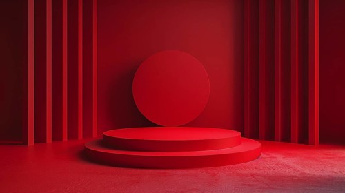 Minimalist scene with a circular red empty podium and a large cylindrical backdrop, emphasizing