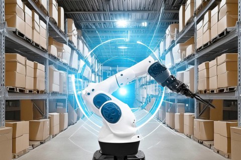 White robotic arm in a large warehouse with stacked boxes and futuristic light, AI and illustration
