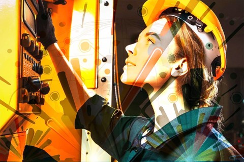 Woman with helmet operating a control box, in bright futuristic style with colourful elements, AI