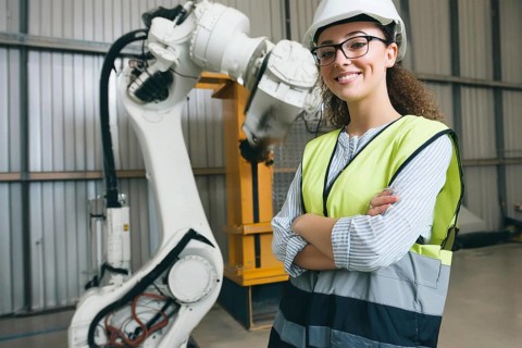 Woman with helmet and yellow waistcoat in a factory next to a large white robot arm, surrounded by
