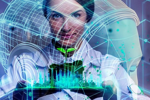 Scientist observes holographic projection of plants in the lab, surrounded by futuristic digital