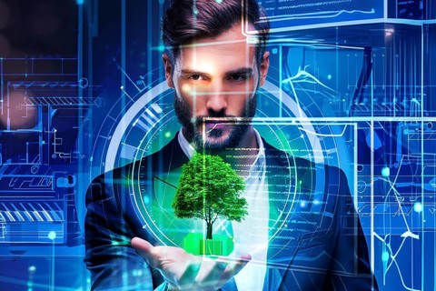 Man in suit holding a holographic representation of a tree, surrounded by futuristic technology, AI