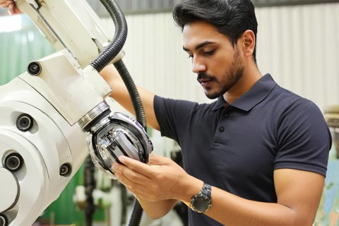 An engineer in a workshop works in detail on a robotic arm, immersed in mechanics, AI and