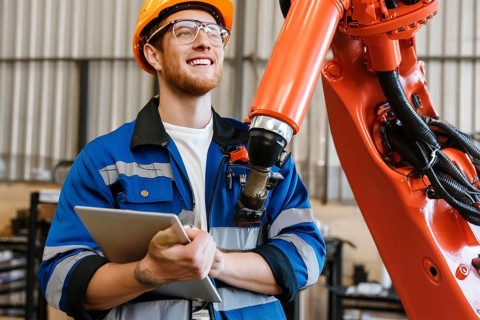 A worker in uniform and hard hat smiles while holding a tablet and standing next to a large robotic