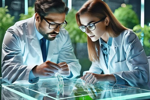 Two scientists in lab coats working intensively with holographic technology at a table, AI and
