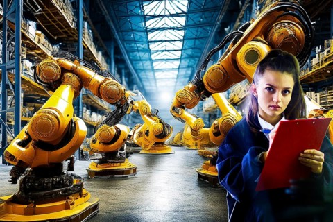 Woman with clipboard monitors industrial robot arms in a large warehouse, AI and illustration