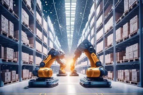 Two robotic arms work in a large, modern warehouse with many shelves, AI and illustration