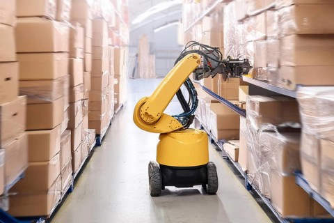 Yellow robot works in a warehouse and moves boxes on pallets, AI and illustration technology, AI