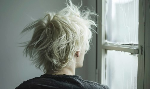 A man with platinum blonde tousled hair, back view, AI generated
