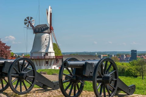 Dybbol Molle, Düppel Mill, Memorial to the German-Danish War of 1864, cannons, view of Sonderburg,