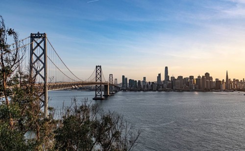 San Francisco and the Oakland Bay Bridge. View from Treasure Island
