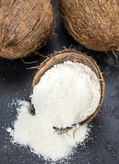 Coconut flour (fresh) as detailed close-up shot, selective focus)
