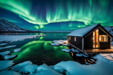 Aurora borealis illuminating snow covered fjord landscape with a wooden cabin in vibrant hues, AI