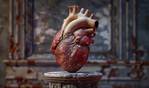 Realistic model of a human heart on a stone pedestal AI generated