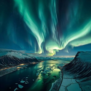 Aurora borealis illuminating snow covered fjord landscape in vibrant hues, AI generated
