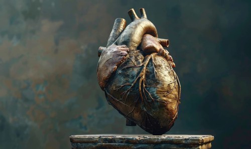 Realistic model of a human heart on a stone pedestal AI generated