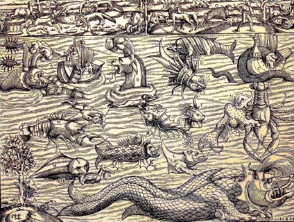 The wonder of the sea and its creatures, facsimile from Sebastian Münster's Cosmography, 1550,