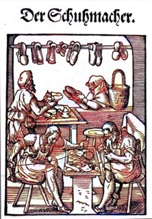 The Shoemaker, woodcut from the, Das Staendebuch, a famous series of woodcuts of the craft of