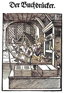 The printer, woodcut from the, Das Staendebuch, a famous series of woodcuts of the craft of Amman,