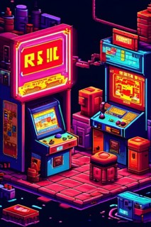 Pixel art illustration of a classic arcade game scene with characters navigating through obstacles,