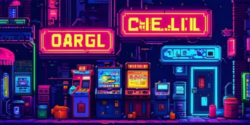 Pixel art illustration of a classic arcade game scene with characters navigating through obstacles,