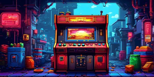 Pixel art illustration of a classic arcade game scene with characters navigating through obstacles,