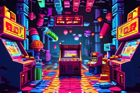 Pixel art illustration of a classic arcade game scene with characters navigating through obstacles,