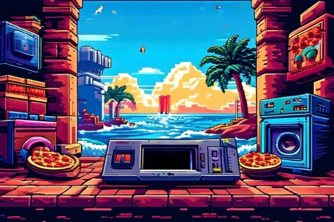 Pixel art illustration of a classic arcade game scene with characters navigating through obstacles,