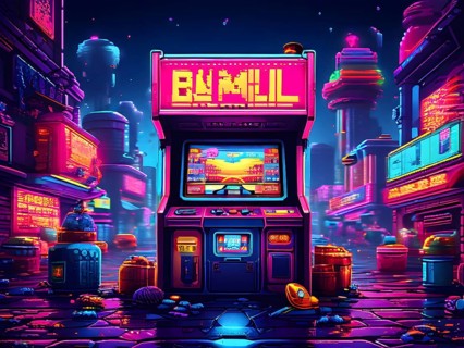 Pixel art illustration of a classic arcade game scene with characters navigating through obstacles,