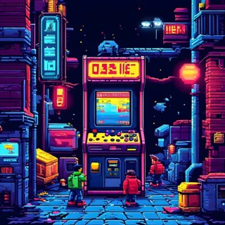 Pixel art illustration of a classic arcade game scene with characters navigating through obstacles,