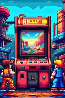 Pixel art illustration of a classic arcade game scene with characters navigating through obstacles,