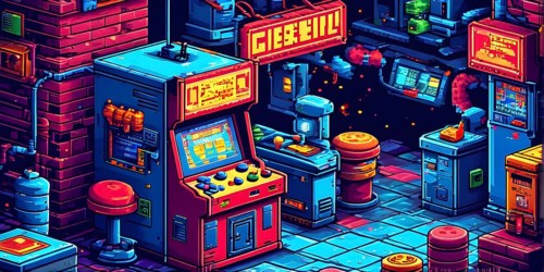 Pixel art illustration of a classic arcade game scene with characters navigating through obstacles,