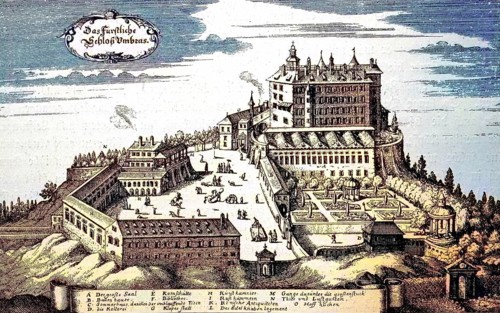 Ambras Castle in an engraving by Matthäus Merian, mid-17th century, Austria, digital reproduction