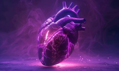 Realistic model of a human heart glowing with purple light AI generated