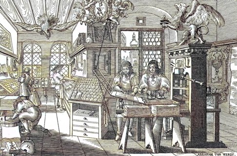 Printers and workers in a book printer's workshop in the 17th century, Germany, digital