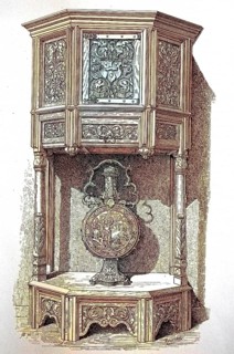 Six-sided credenza with carved panels from the 16th century, digital reproduction of an original