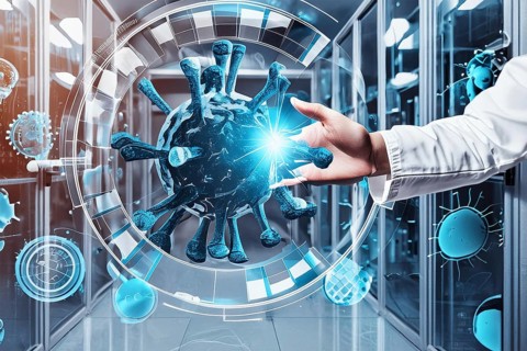 AI and illustration in the lab Researcher investigates diseases Viruses and bacteria, AI generates,