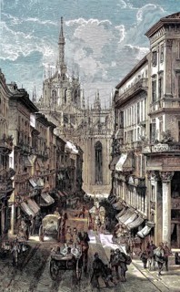 Street scene in Corso Vittorio Emanuele and the view of the cathedral in Milan, Italy, digital
