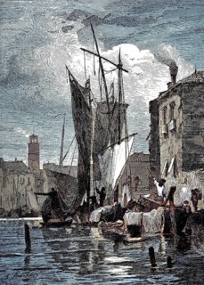 On the island of Giudecca in the Venetian Lagoon, Italy, harbour scenes, digital reproduction of an