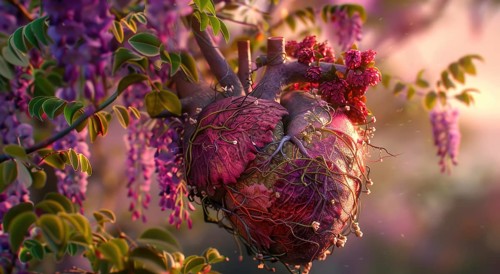Realistic model of a human heart covered in blooming flowers and vines AI generated
