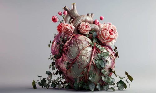 Realistic model of a human heart covered in blooming flowers and vines AI generated