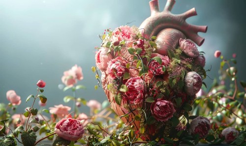 Realistic model of a human heart covered in blooming flowers and vines AI generated