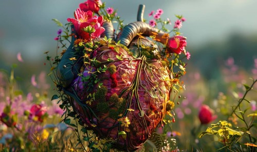 Realistic model of a human heart covered in blooming flowers and vines AI generated