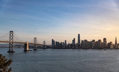 San Francisco and the Oakland Bay Bridge. View from Treasure Island